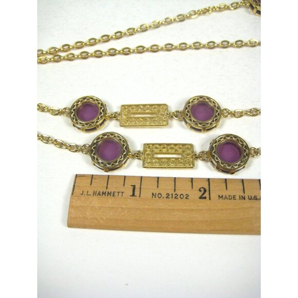 Goldtone Necklace Purple Plastic Stones Filigree Art Deco STYLE 55 inch - Picture 2 of 11